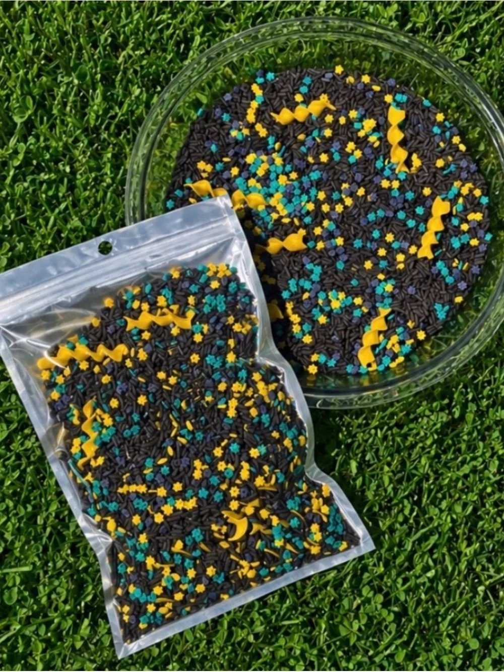 Black, Yellow & Teal outer space sensory bin filler